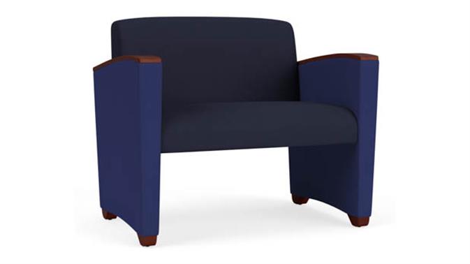 Navy Open House Fabric / Cobalt Open House Fabric / Mahogany Armcaps, Legs