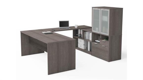 U Shaped Desks Bestar Office Furniture 72" W U-Shaped Executive Desk with Frosted Glass Doors Hutch