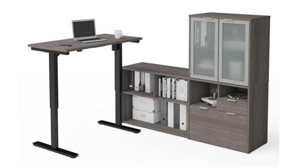 Adjustable Height Tables Bestar Office Furniture Height Adjustable L-Desk with Frosted Glass Door Hutch