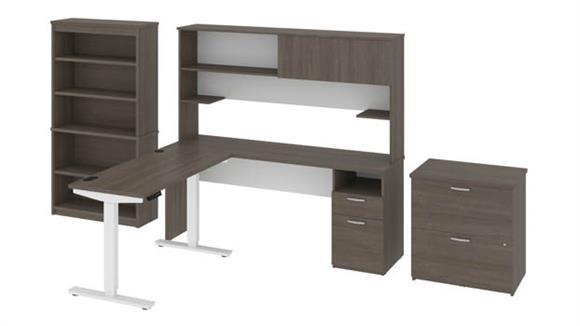 Adjustable Height Desks & Tables Bestar Office Furniture 48" W Standing Desk and 72" W Credenza with Hutch, Bookcase and Lateral File Cabinet
