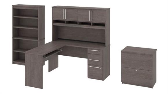 L Shaped Desks Bestar Office Furniture L-Shaped Desk with Pedestal and Hutch, Lateral File Cabinet and Bookcase