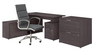 L Shaped Desks Bush Furnishings 60in W Desk with Vertical File Cabinet and Low Storage Return, plus Lateral File Cabinet and High Back Leather Executive Office Chair