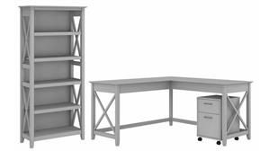 L Shaped Desks Bush Furnishings 60in W L-Shaped Desk with Mobile File Cabinet and 5 Shelf Bookcase