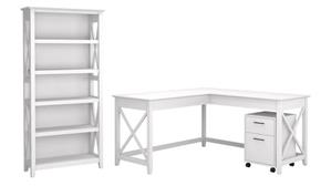 L Shaped Desks Bush Furnishings 60in W L-Shaped Desk with Mobile File Cabinet and 5 Shelf Bookcase