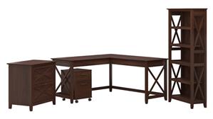 L Shaped Desks Bush Furnishings 60in W L-Shaped Desk with File Cabinets and 5 Shelf Bookcase