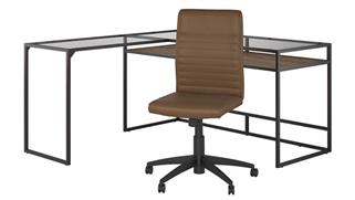 L Shaped Desks Bush 60" W Glass Top L-Shaped Desk with Mid Back Ribbed Leather Office Chair