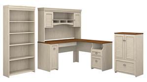 L Shaped Desks Bush 60" W L Shaped Desk with Hutch, Storage Cabinet with File Drawer and 5 Shelf Bookcase
