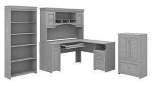 L Shaped Desks Bush 60" W L-Shaped Desk with Hutch, Storage Cabinet with File Drawer and 5 Shelf Bookcase