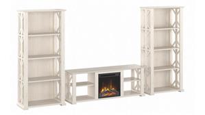 Electric Fireplaces Bush Farmhouse TV Stand for 70" TV with Fireplace Insert and 4 Shelf Bookcases (Set of 2)