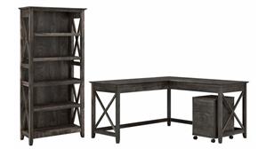 L Shaped Desks Bush 60in W L-Shaped Desk with Mobile File Cabinet and 5 Shelf Bookcase