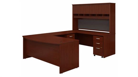 U Shaped Desks Bush 72" W Bow Front U-Shaped Desk with Hutch and (2) Assembled Mobile File Cabinets