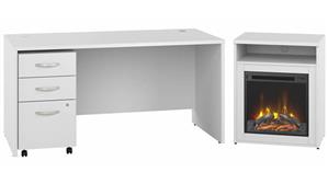 Computer Desks Bush 60in W x 30in D Desk, 24in W Electric Fireplace with Shelf and Assembled 3 Drawer Mobile File Cabinet