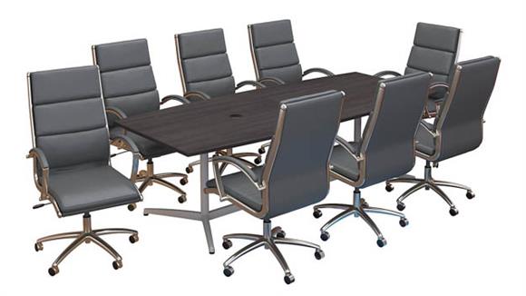 8ft W x 42in D Boat Shaped Conference Table with Metal Base and Set of 8 High Back Office Chairs