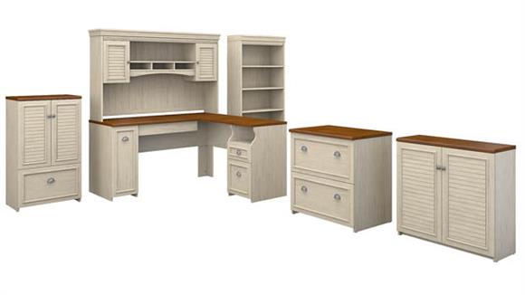 60in W L-Shaped Desk with Hutch, Lateral File Cabinet, Bookcase and 2 Storage Cabinets
