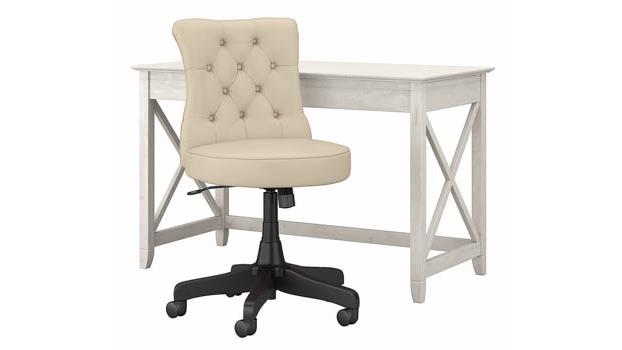 Linen White Oak Desk / Antique White Leather Chair
