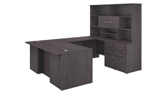 72in W U-Shaped Executive Desk with 3 Drawer File Cabinet - Assembled, 2 Drawer File Cabinet - Assembled, and Hutch