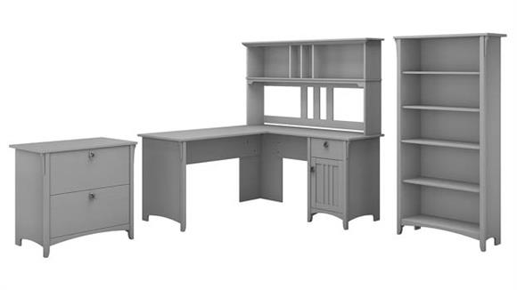 60in W L-Shaped Desk with Hutch, Lateral File Cabinet and 5 Shelf Bookcase