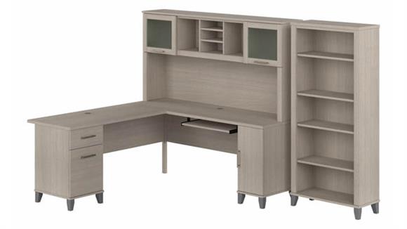 72in W L-Shaped Desk with Hutch and 5 Shelf Bookcase