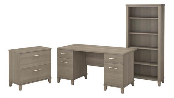 60in W Office Desk with Lateral File Cabinet and 5 Shelf Bookcase