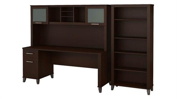 72in W Office Desk with Hutch and 5 Shelf Bookcase