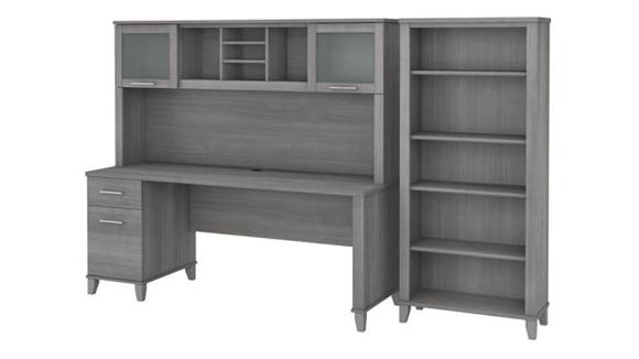 72in W Office Desk with Hutch and 5 Shelf Bookcase