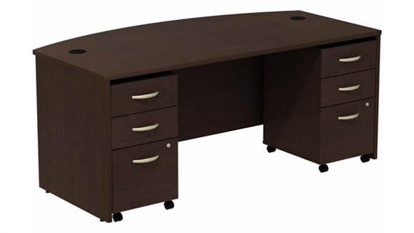 72in W Bow Front Desk with (2) Assembled 3 Drawer Mobile Pedestals