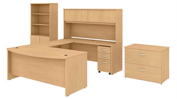 72in W x 36in D U-Shaped Desk with Hutch, Bookcase and 2 Assembled File Cabinets