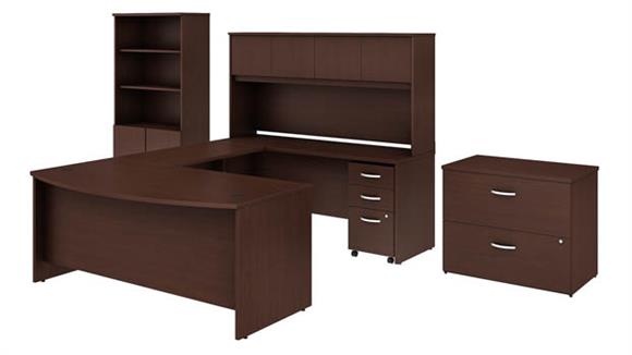 72in W x 36in D U-Shaped Desk with Hutch, Bookcase and 2 Assembled File Cabinets