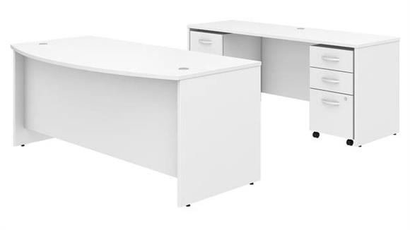72in W x 36in D Bow Front Desk and Credenza with 2 Assembled Mobile File Cabinets
