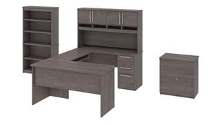 L Shaped Desks Bestar U or L-Shaped Desk with Pedestal and Hutch, Lateral File Cabinet and Bookcase