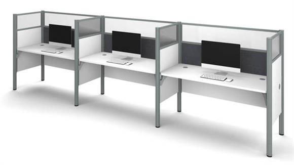 Triple Side-by-Side Workstation - White with Tack Boards and Acrylic Glass Privacy Panels