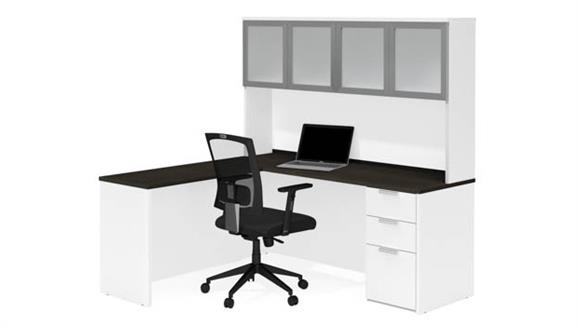 L-Shaped Desk with Frosted Glass Door Hutch
