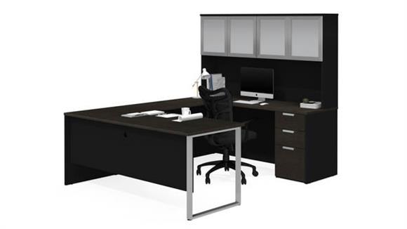 U-Sshaped Desk with Frosted Glass Door Hutch