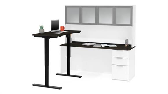 Height Adjustable L-Desk with Frosted Glass Door Hutch