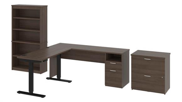 72in W L-Shaped Standing Desk with Bookcase and Lateral File Cabinet
