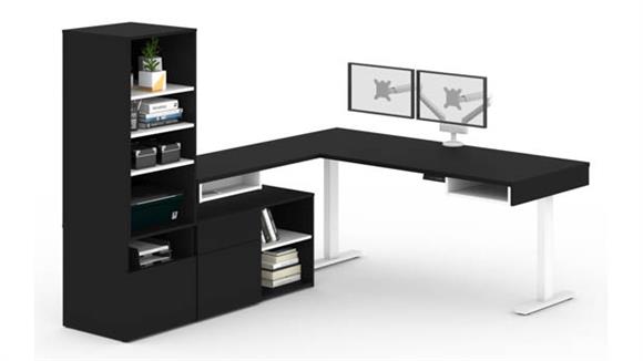 72in W L-Shaped Standing Desk with Credenza, Storage Unit and Dual Monitor Arm