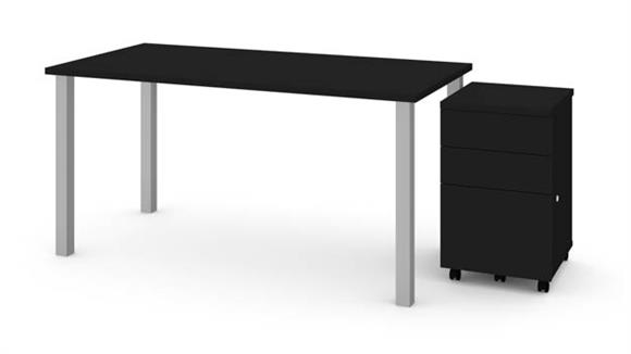 30in x 60in Table with Square Metal Legs and Assembled Mobile Filing Cabinet