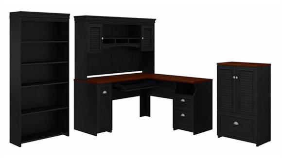 L Shaped Desks Bush Furniture 60" W L-Shaped Desk with Hutch, Storage Cabinet with File Drawer and 5 Shelf Bookcase