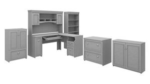 L Shaped Desks Bush Furniture 60in W L-Shaped Desk with Hutch, Lateral File Cabinet, Bookcase and 2 Storage Cabinets