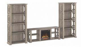 Electric Fireplaces Bush Furniture Farmhouse TV Stand for 70" TV with Fireplace Insert and 4 Shelf Bookcases (Set of 2)