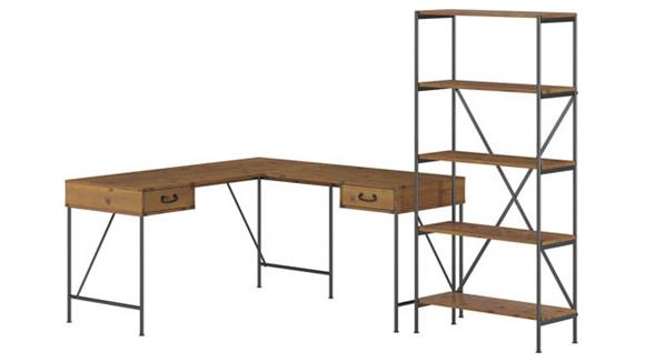 L Shaped Desks Bush Furniture 60" W L-Shaped Writing Desk with 5 Shelf Etagere Bookcase