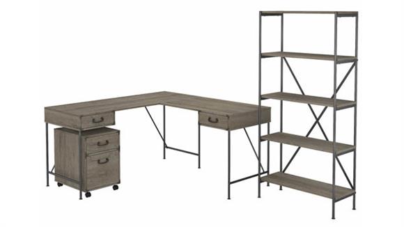 L Shaped Desks Bush Furniture 60" W L-Shaped Writing Desk with Mobile File Cabinet and 5 Shelf Bookcase