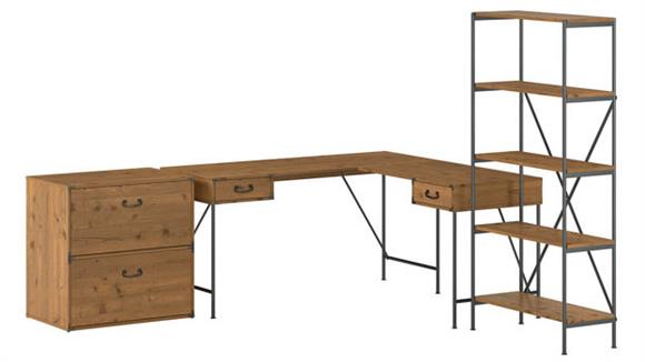 L Shaped Desks Bush Furniture 60" W L-Shaped Writing Desk with Lateral File Cabinet and 5 Shelf Bookcase