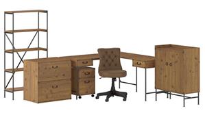 L Shaped Desks Bush Furniture 60" W L-Shaped Desk, Mobile File Cabinet, Lateral File Cabinet, 5 Shelf Bookcase, Storage Cabinet and Mid Back Tufted Leather Office Chair