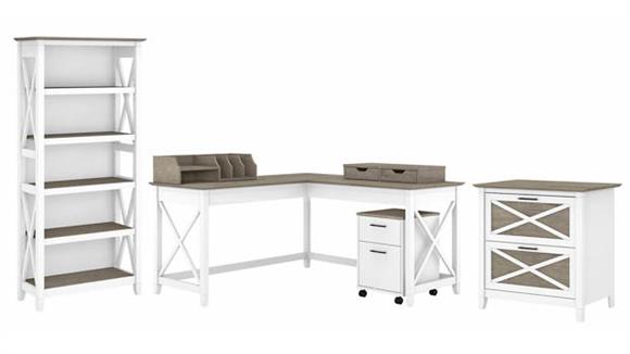 L Shaped Desks Bush Furniture 60" W L-Shaped Desk with 2 File Cabinets, Bookcase and Desktop Organizers