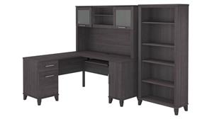 L Shaped Desks Bush Furniture 60in W L-Shaped Desk with Hutch and 5 Shelf Bookcase