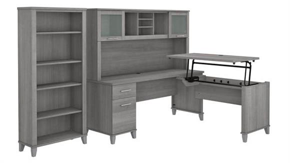 Adjustable Height Desks & Tables Bush Furniture 72" W 3 Position Sit to Stand L-Shaped Desk with Hutch and Bookcase