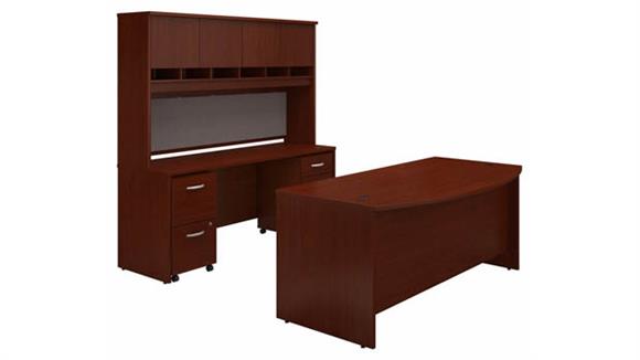 Computer Desks Bush Furniture 72" W Bow Front Desk, 72" W Credenza with Hutch and (2) Assembled Mobile File Cabinets