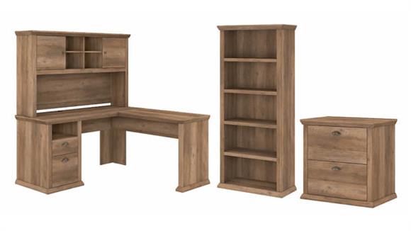 L Shaped Desks Bush Furniture 60" W L-Shaped Desk with Hutch, Lateral File Cabinet and 5 Shelf Bookcase
