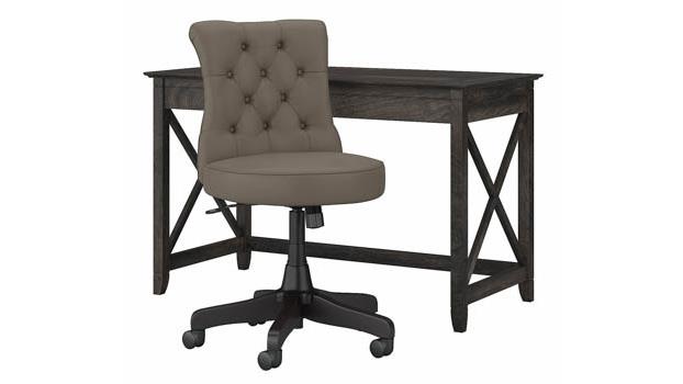 Dark Gray Hickory Desk / Washed Gray Leather Chair